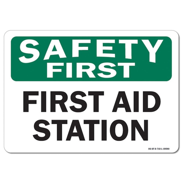 Safety Sign, OSHA Safety First, 3.5" Height, First Aid Station, Landscape, 10PK
